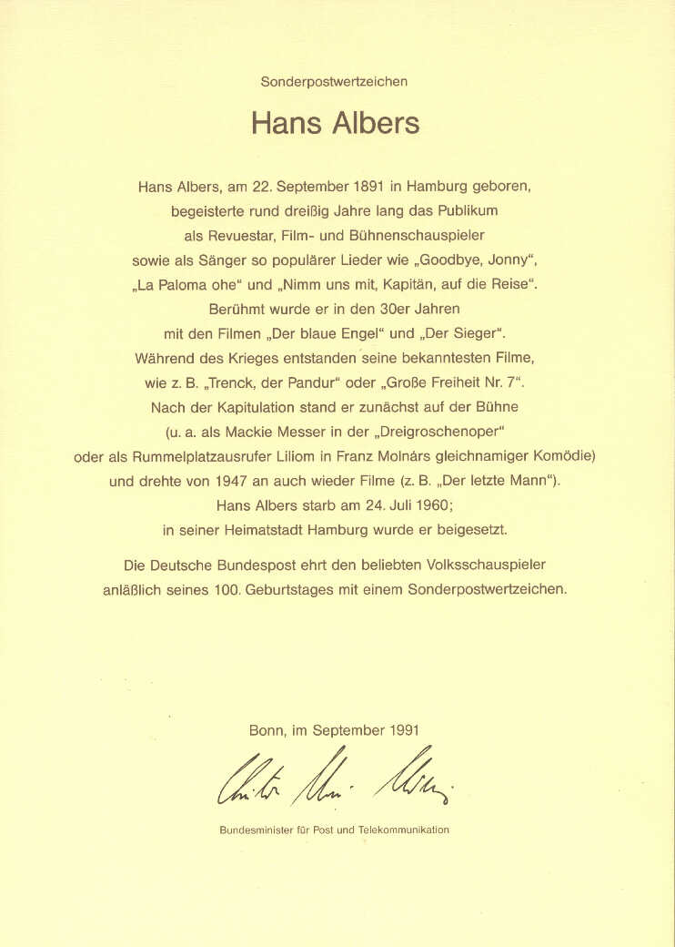 Sonderpostwertzeichen anläßlich des 100. Geburtstages des Schauspielers Hans Albers