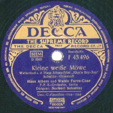 DECCA-Schellack-Schallplatte F 43496 A-Seite: Kleine weiße Möwe (Walzerlied aus dem Hans-Albers-Film «Käpt'n Bay-Bay»)